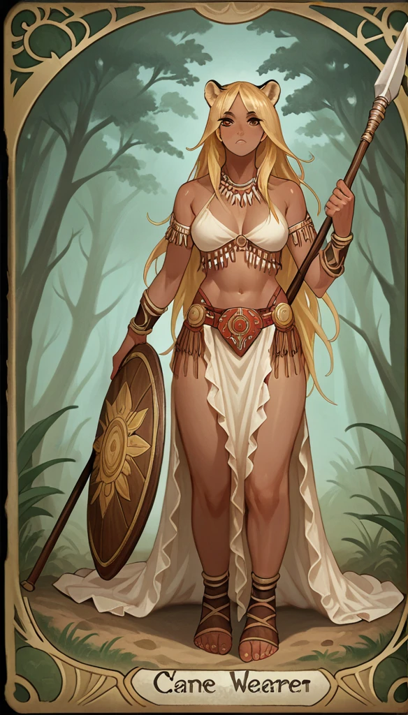 score_9, score_8_up, score_7_up, score_6_up, score_5_up, score_4_up, 
female, (cheetah:1.2), animal ears, holding spear in hands, holding shield in her other hand, long hair, dark_skin, dark_skinned_female, blonde hair, brown eyes, eyelashes, frills, tribal outfit,
Full body standing painting, (((solo))), Simple line design, ((tarot card background, symmetric beauty)), perfectly symmetrical, The art of symmetry, Standing drawings of characters, ((flatcolors)), tmasterpiecetop Qualities qualtiy