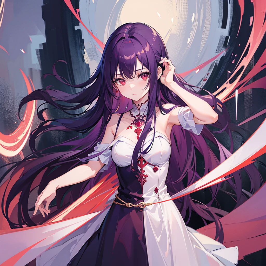 Woman, long dark purple hair, red eyes, portrait, gisha, anime image, Stand straight and look at the camera ,white long open dress, angle, silver jewelry in the shape of ribs , Masterpiece, hiquality, 4k, HD, Good detail