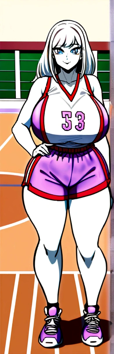 short basketball outfit, white skin girl, glad, ssmile, Cute shy girl, long white hair, big boobies, sexly, waist, thick legs, thick-thighs, cool basketball court background, binnie therefore, ((standing)), viewer's view
