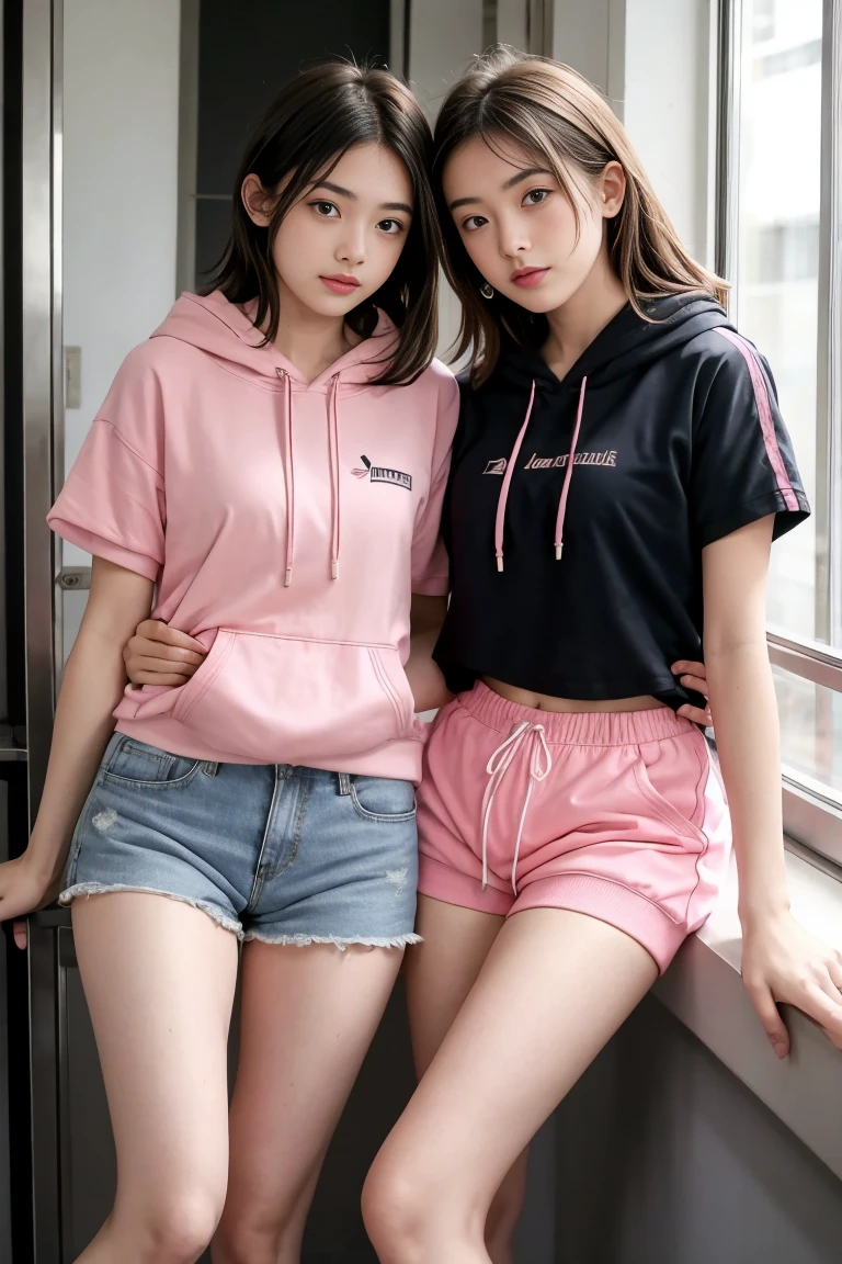 deux femmes ensemble de 18 ans sexy et mince , pink short sleeve hoodie , salle de classe, se touche,position sey,sensuel,visible legs,