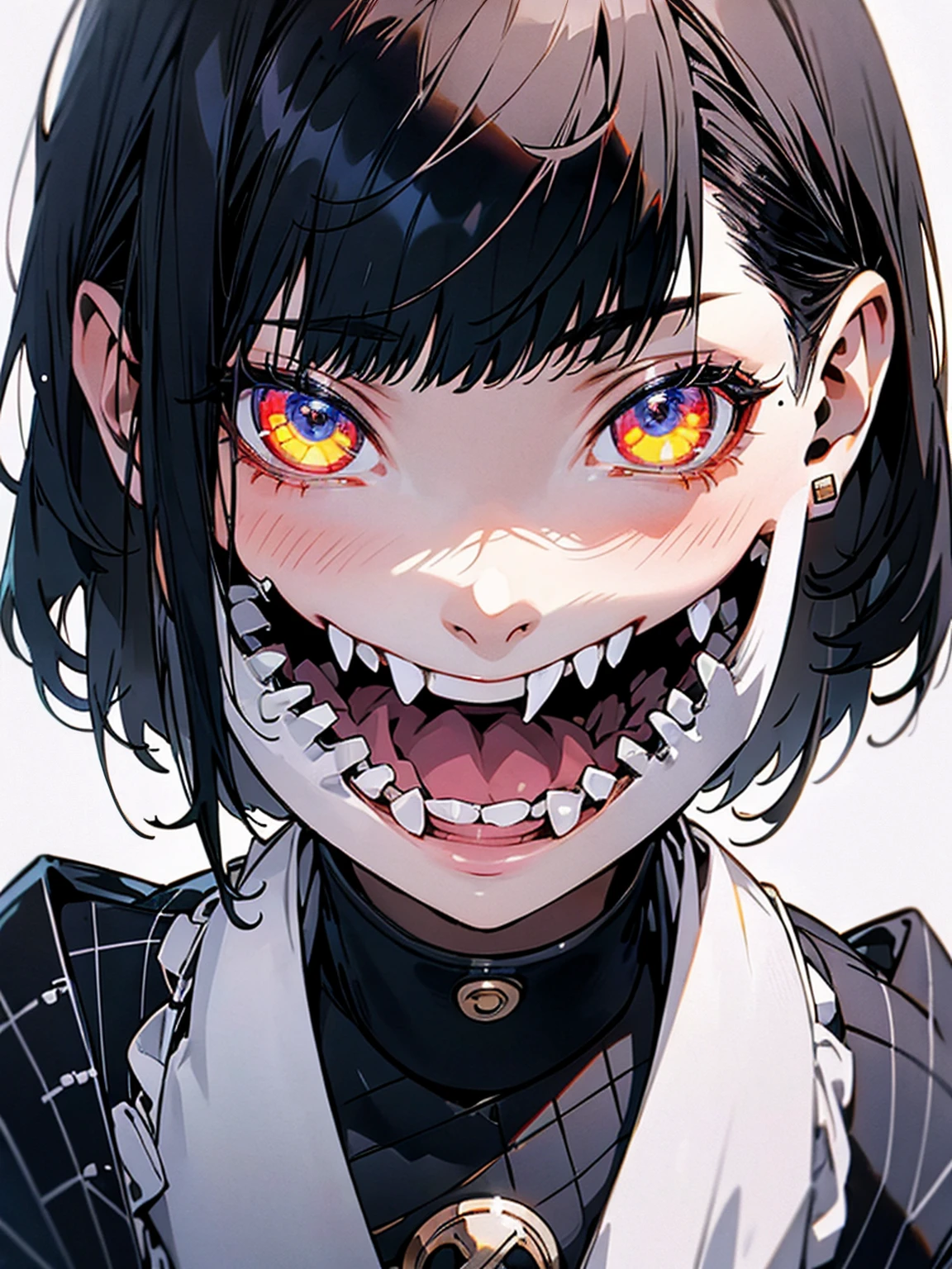 pale, black haired, japanese girl. She has a bob hairstyle. Her expression is cold, she has sharp eyes, her face is close, Hair is loose, She slightly looks down at you