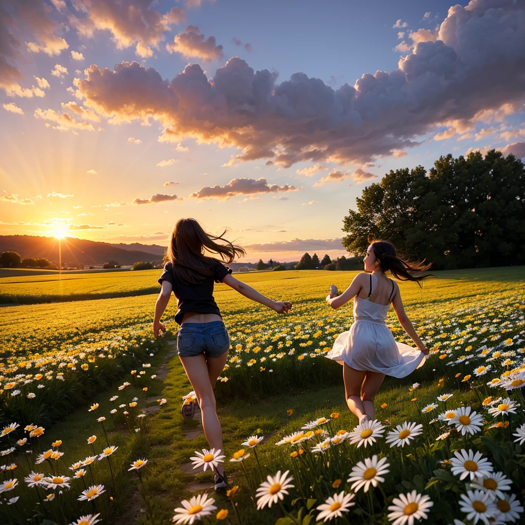 girl runs through a field with daisies at sunset 