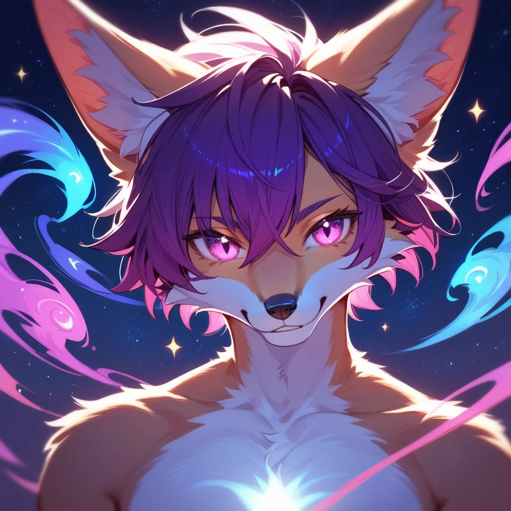 Fox Man, blue purple and magenta, glowing, furry, short hair, cosmic stars above (score_9,score_8_up,score_7_up,score_6_up,score_5_up,score_4_up) 
