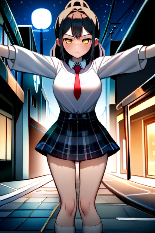 Girl in front of the class, with Japanese school uniform, posing standing, full body, (lifting her skirt), showing panties, wearing garter stockings, embarrassed, very detailed, high resolution, good anatomy, baby face, beautiful, cute hands, small breasts.