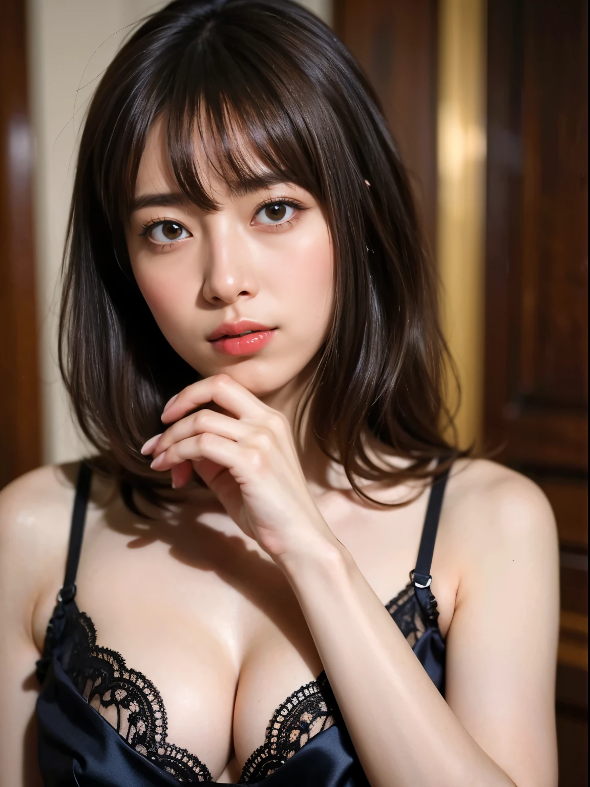 Highest quality,16K,Beautiful Asian Girl,Perfect sexy body,Big Breasts,Accentuate your cleavage,Medium-Long Hair Styles,Realistic,Realistic,Soft Light,Strike a Pose,breeze,Black Lingerie