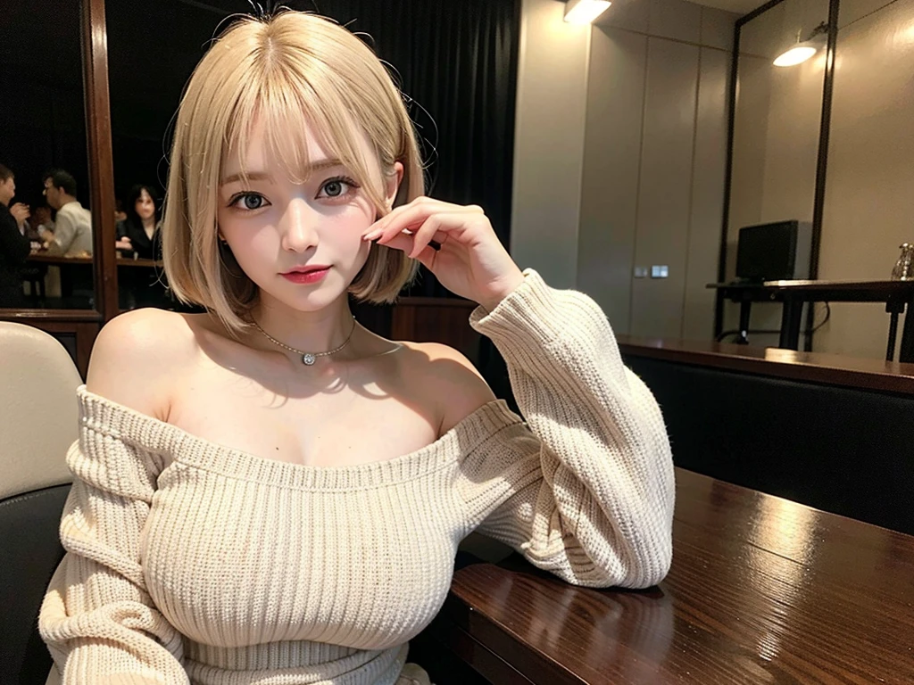 (8K, Original photo:1.2)Detailed face and eyes,最high quality, Ultra-high resolution, Very detailed ,Intricate details ,pretty girl , Soft cinema lighting, Very detailedな,Clear focus, high quality, Blonde, Bob Hairstyle, Off the shoulder flat cut,Knitted dress, Sexy big boobs , Huge breasts, Saggy breasts:1.4, Landscape, ((Very detailedな本物の乳首))