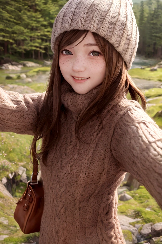 masterpiece, 8K, 4K, wallpaper, ultra detail, 1girl, Brown Hair, Mountaineering, Selfie, Knitted hat, spring, freckles, smile