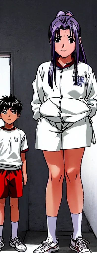 Momoko Koigakubo, a tall girl with beautiful legs, is standing with her legs spread to the sides in a white gym uniform and light navy blue bloomers that look like panties.。Next to Momoko Koigakubo is a third-grade boy with a shaved head and wearing a tracksuit, holding onto her thighs.。