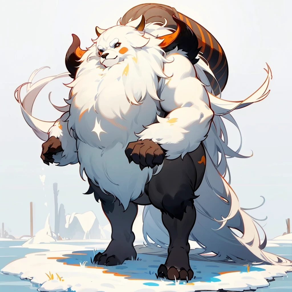 1character, Full body version, ankole watusi mixed with bear, black eyes, very fat belly, very thick fur, very long hair, white hair, no eyes, Grassroots in snow, In the morning