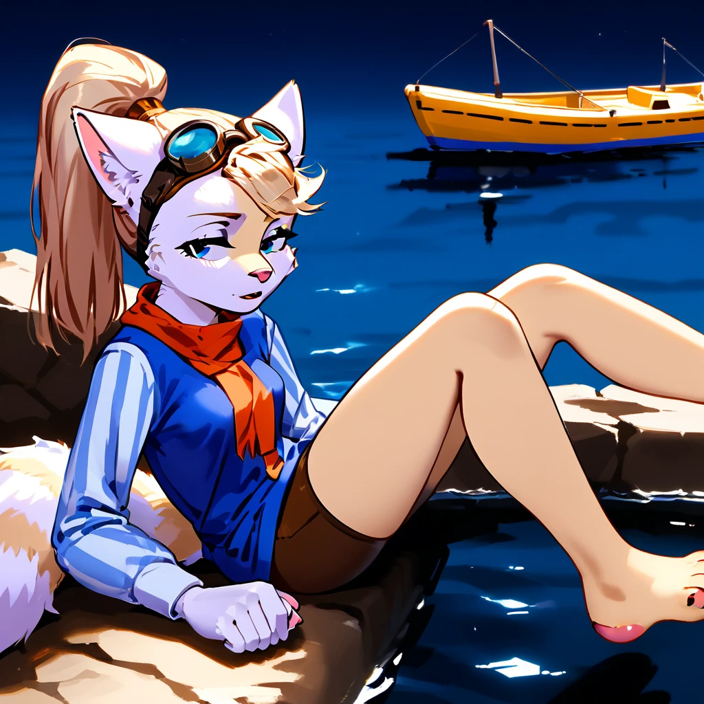 One,  check_9,check_8_up,check_7_up, source_fluffy, Catboat, Anthro fluffy feline girl, tall body, hourglass figure, Adult woman, Blue eyes, silver fur, blonde hair with a ponytail, (striped tail), white sideburns, pink nose, in a simple blue tunic with long sleeves, light brown fitted trousers, barefoot, legs paws, 4 toes, pink paw pads, Leg Focus, she smiles, mouth open, you look relieved, eyes half closed, sitting on a stone, on open air, sunny day, sexy feet, she looks at her feet