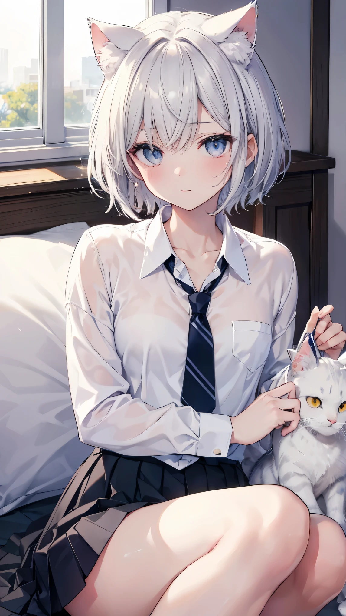 short hair,Short Hair,Straight Hair、Gray Hair、ling eyes、Amber Eyes、Cat ear,Cat tail、White cat,Embarrassing,Lying in bed,,naked Chest、shine、reflected light、Film Grain、masterpiece、Textured skin、Super Detail、High Detail、high quality、最high quality、High resolution、16K、shine,Dress shirt,Pleated skirt,tie,Sweat