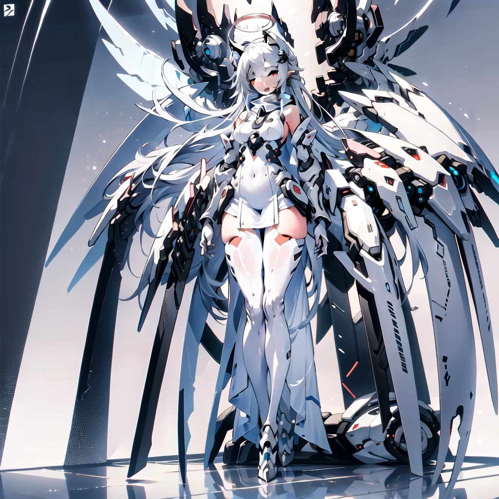 masterpiece, highest quality, highest resolution, clear_image, detailed details, White hair, long hair, cat ears, 1 girl, red eyes, white pantyhose, white sci-fi dress, white scarf (white scarf around the neckwith a light blue glow), gray futuristic halo (gray halo over the head), white wings (4 wings), cute, full body, no water marks, outer space