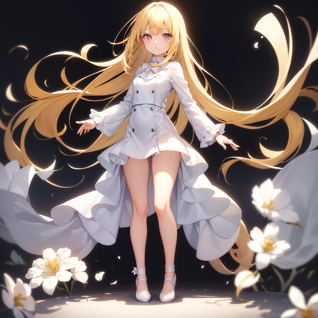 ((White leather shoes)),Cute little ,Tiny ,Small girl,,Childish face, Very fine clean face,Top quality, Big eyes,Straight Hair,Yellow hair,Crimson Eye,(Dark Room), Subtle light, Natural light,Soft lighting,Light from directly behind, (Are standing), Cute pose, (Open your hands), Showing the whole body,Front view,Black background