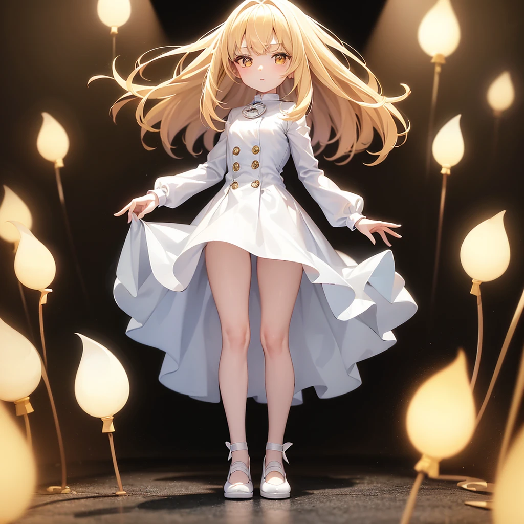 ((White leather shoes)),Cute ,Tiny ,Small ,Childish face, Very fine clean face,Top quality, Big eyes,Straight Hair,Yellow hair,Crimson Eye,(Dark Room), Subtle light, Natural light,Soft lighting,Light from directly behind, (Are standing), Cute pose, (Open your hands), Showing the whole body,Front view,Black background