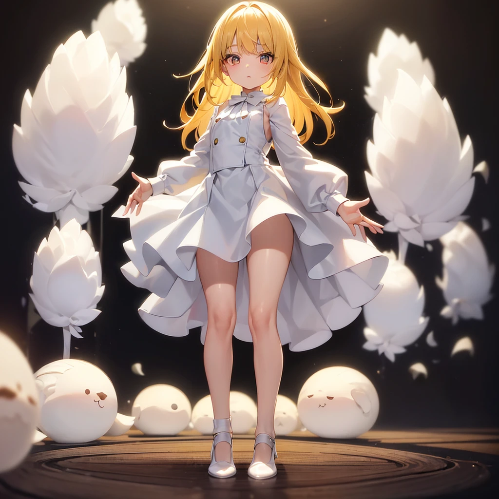 ((White leather shoes)),Cute little ,Tiny ,Small girl,,Childish face, Very fine clean face,Top quality, Big eyes,Straight Hair,Yellow hair,Crimson Eye,(Dark Room), Subtle light, Natural light,Soft lighting,Light from directly behind, (Are standing), Cute pose, (Open your hands), Showing the whole body,Front view,Black background