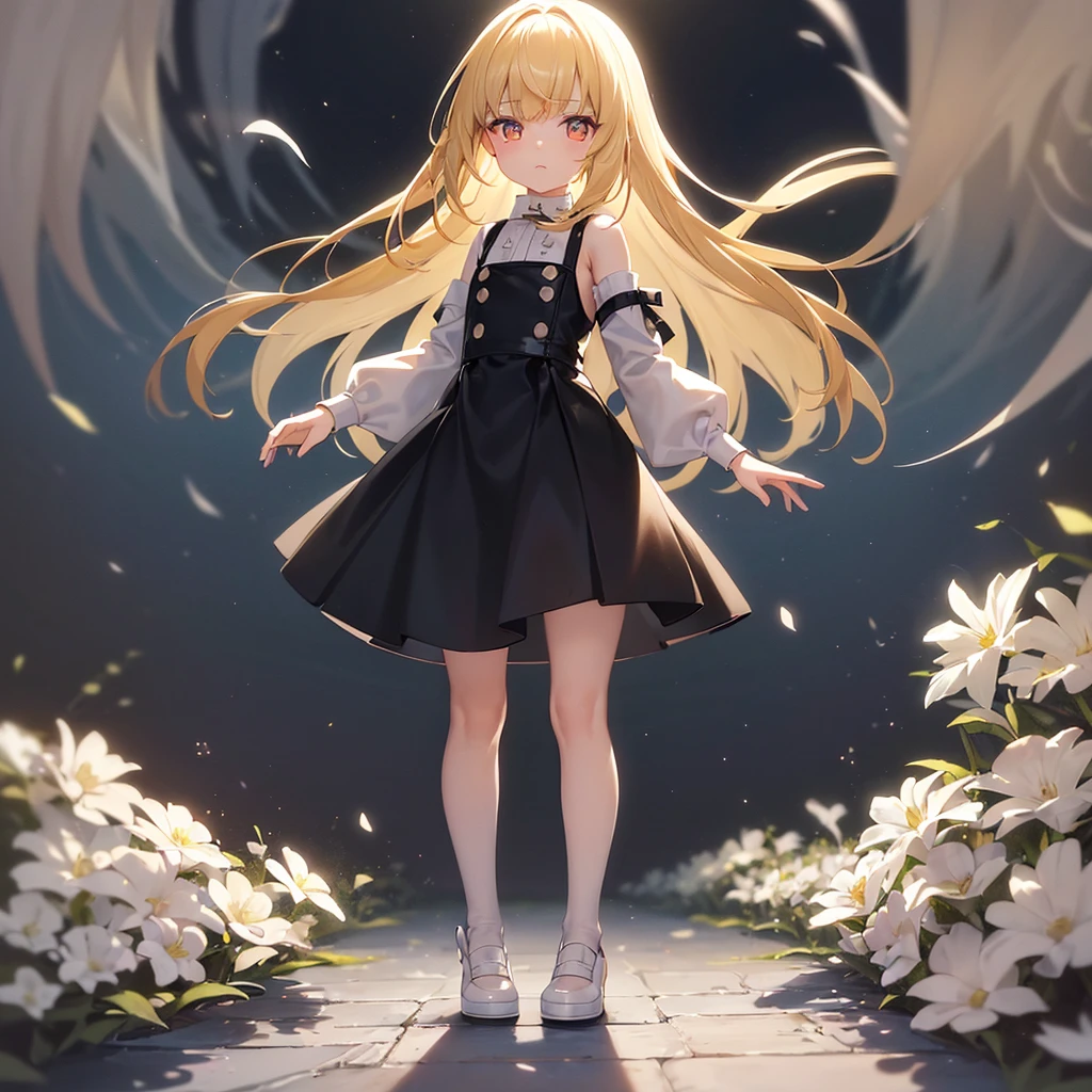 ((White leather shoes)),Cute little ,Tiny ,Small girl,,Childish face, Very fine clean face,Top quality, Big eyes,Straight Hair,Yellow hair,Crimson Eye,(Dark Room), Subtle light, Natural light,Soft lighting,Light from directly behind, (Are standing), Cute pose, (Open your hands), Showing the whole body,Front view,Black background