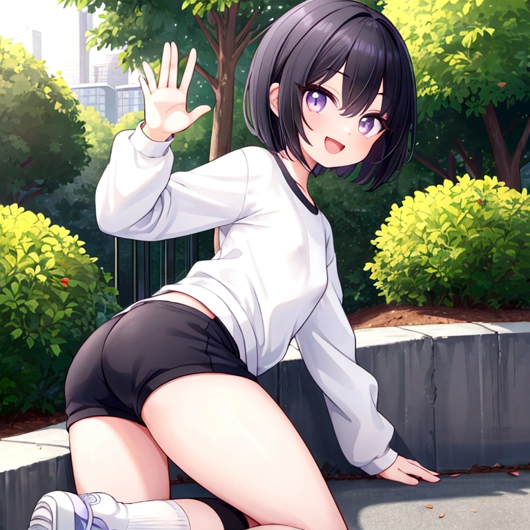 Rain, park, black shorts, small breasts, erect nipples, white sleeveless shirt, black stockings, black tennis shoes, one leg on the head