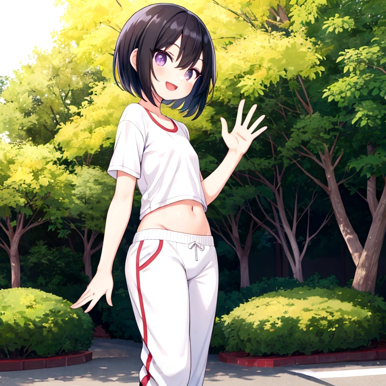 a cute lady at sunny park, black short hair, bob hair, looking back at me, waving hand near her face, light smile, open mouth, purple eyes, detailed pupil, detailed eyes, whole body, masterpiece, top quality, slender body, flat chest, sneakers, white jogging wear, beautiful thigh, Short socks