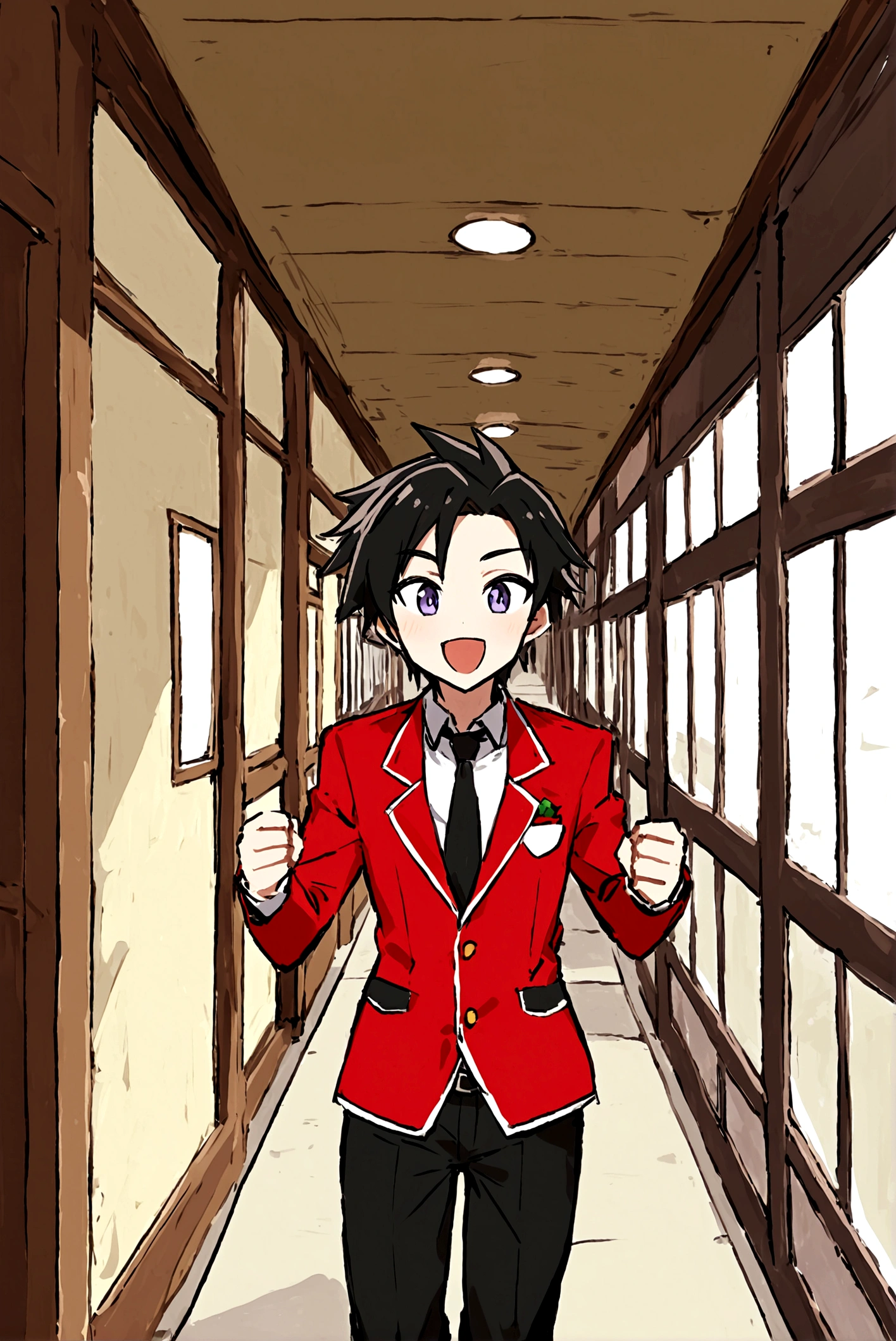 score_9, score_8_superior, score_7_superior, score_6_superior, sauce_anime, Break 1 Boy, Solosen１rare, Black Hair, , Red Blazer, tie, Black trousers, View your viewers, Happy, superiorper body, corridor, School building