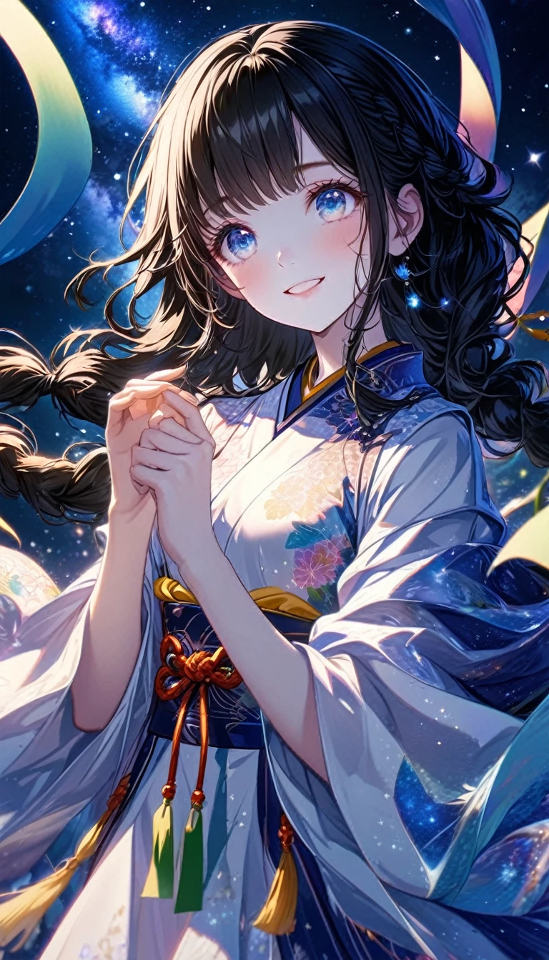 Tanabata, milky way, girl looking up at a sky full of stars, a beautiful detaiextremely detailed character, contour deepening beautiful detailed glow, beautiful detailed glow, grabbing, , 1girl, long hair, wavy hair, bangs single braid, black hair, gradient hair, beautiful face,smile, delicate hands, small_breasts, blue eyes, white skin, japanese_clothes, Exquisite cloth, nebula, detailed ice, flowing water, wallpaper 8k CG, portfolio
