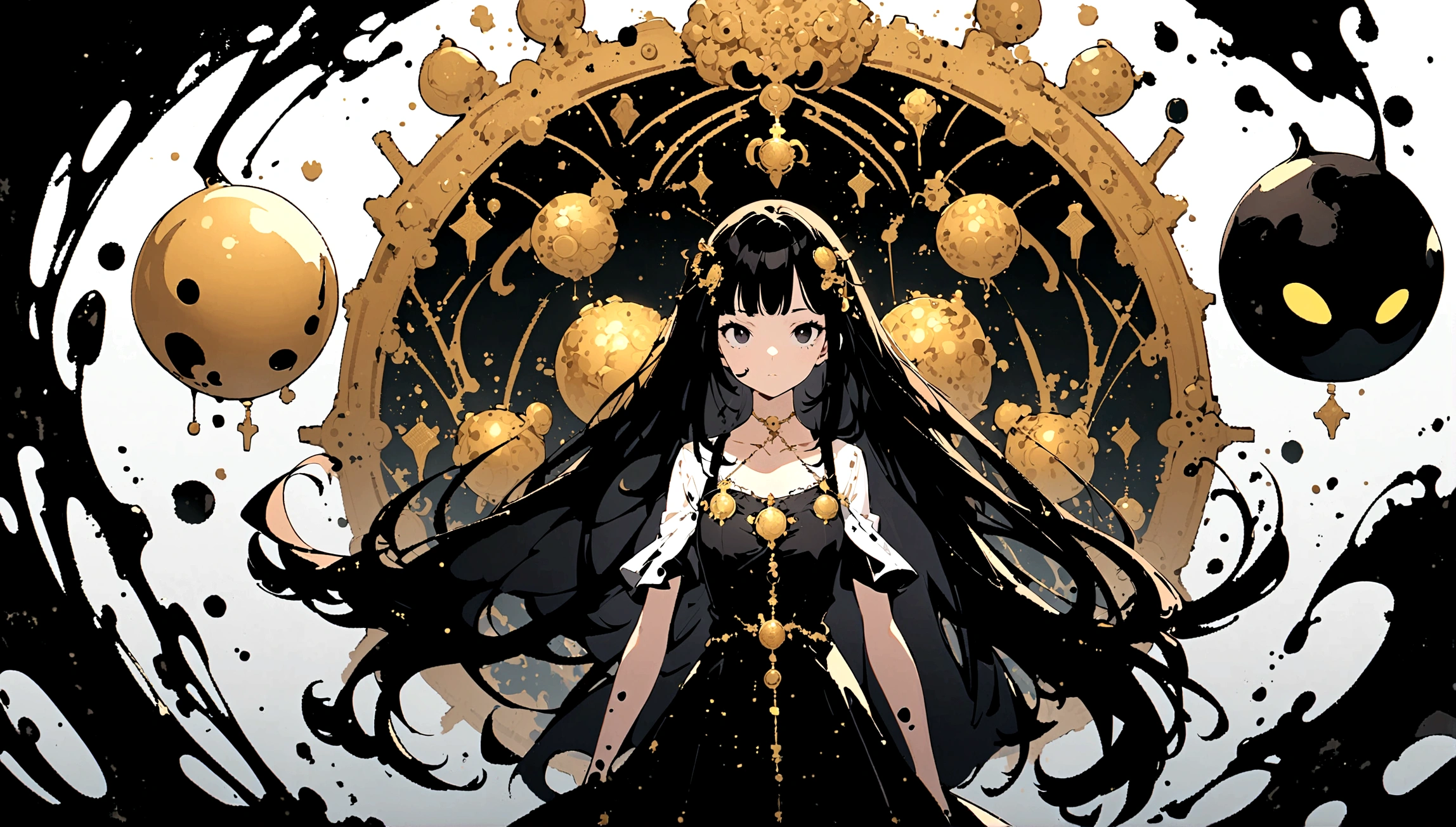 1girl, alien, black eyes, black hairs having white streaks, ((black gothic dress having golden ornaments)), hair ornament, white shirt, laboratory, bomb on vest, white collarbone, straight hairs, ((splash art)), (vector graphics), (tarot card), (ink splashing)