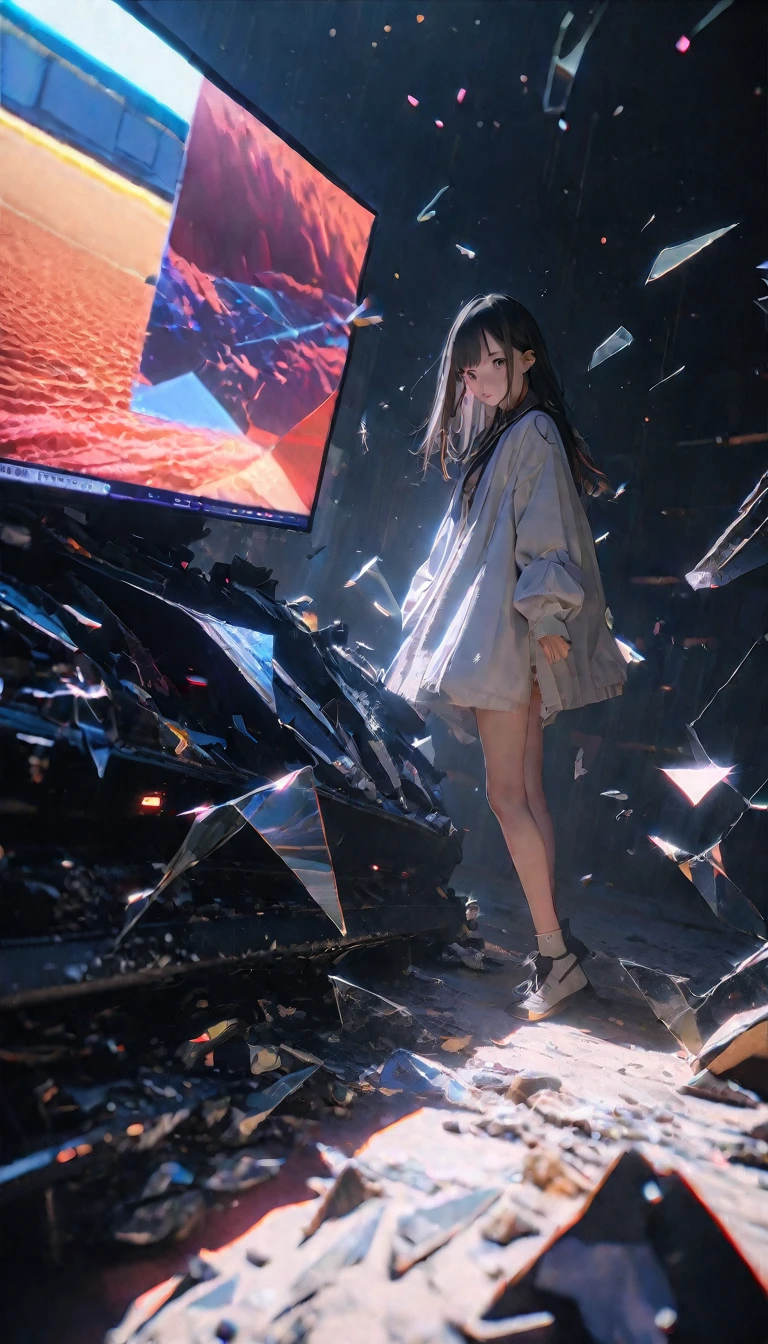 (8K, RAW photos, best quality, masterpiece: 1.4), (((The screen is full of flying glass fragments)))，Ultra-high resolution, Extremely detailed,Close-up of glass, (Broken space, The space is bright:1.2), Crystal glass,dark,High-quality shadows, Natural Lighting, (White highlights:1.2), night, cloudy day, (Broken glass flying:1.2), (Fragmented space：1.2)