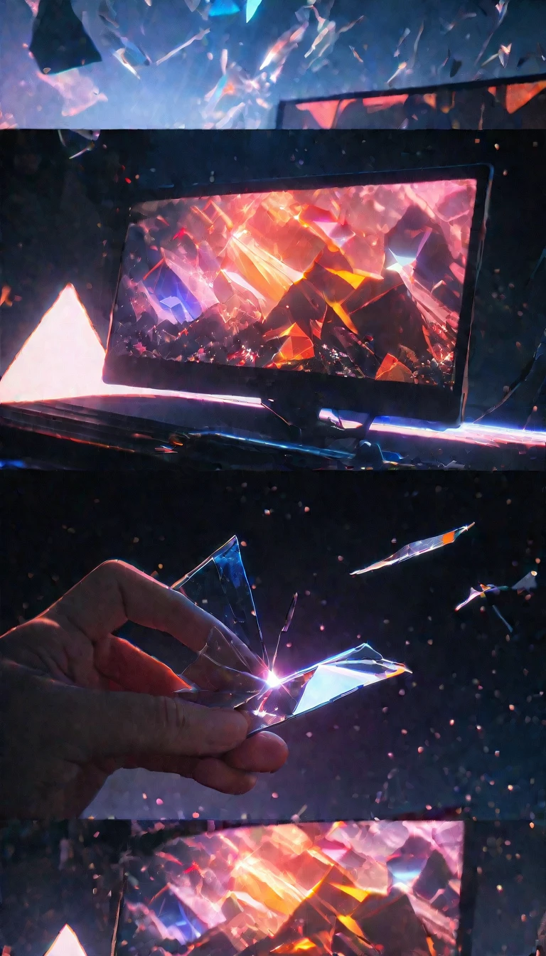 (8K, RAW photos, best quality, masterpiece: 1.4), (((The screen is full of flying glass fragments)))，Ultra-high resolution, Extremely detailed,Close-up of glass, (Broken space, The space is bright:1.2), Crystal glass,dark,High-quality shadows, Natural Lighting, (White highlights:1.2), night, cloudy day, (Broken glass flying:1.2), (Fragmented space：1.2)