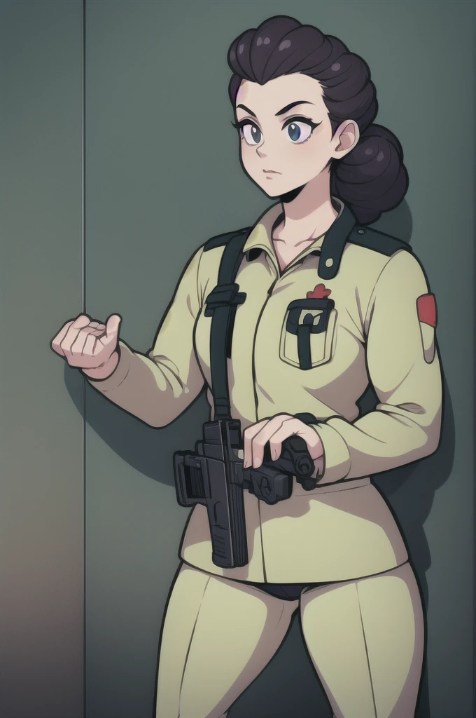 1girl, soldier,pistol holster,Victory Rolls hairstyle,