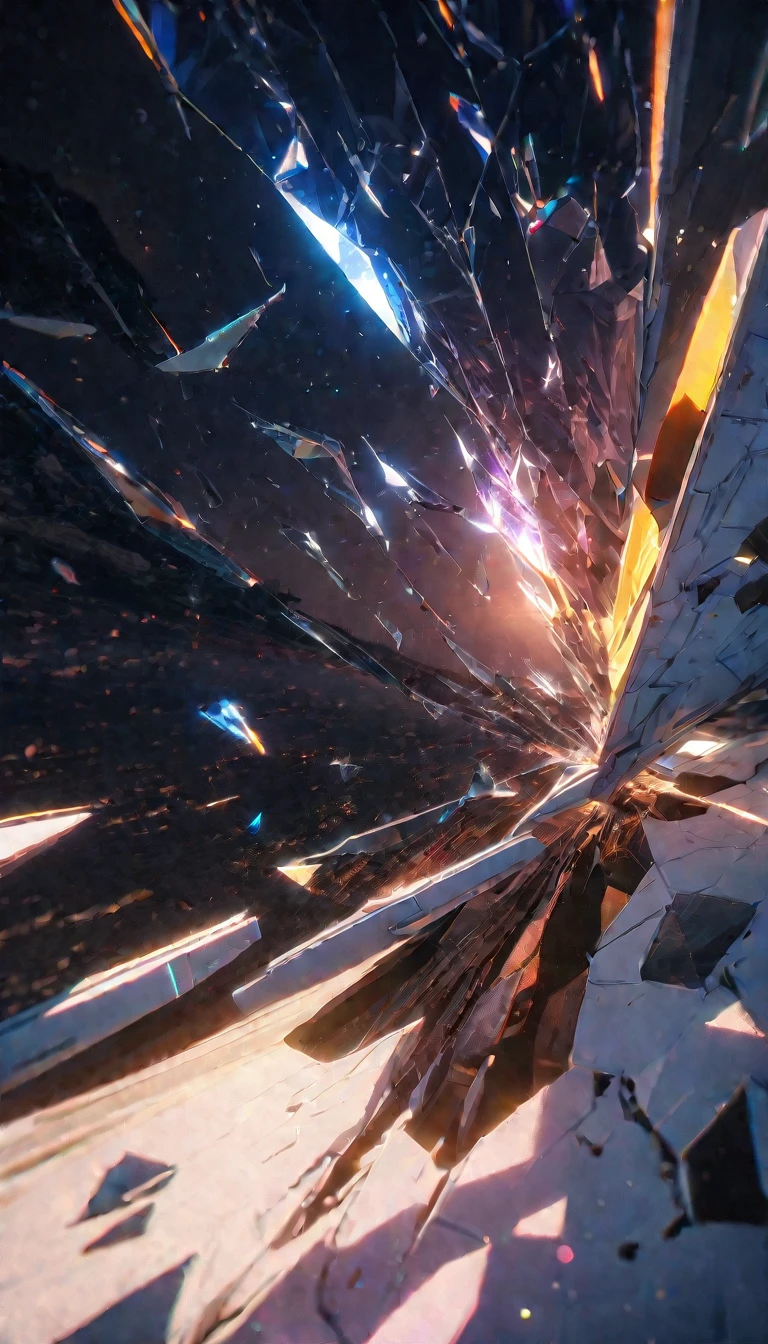 (8K, RAW photos, best quality, masterpiece: 1.4), (((The screen is full of flying glass fragments))),Ultra-high resolution, Extremely detailed,Close-up of glass, (Broken space, The space is bright:1.2), Crystal glass,dark,High-quality shadows, Natural Lighting, (White highlights:1.2), night, cloudy day, (Broken glass flying:1.2), (Fragmented space:1.2)