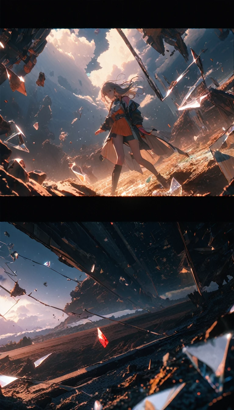(8K, RAW photos, best quality, masterpiece: 1.4), (((The screen is full of flying glass fragments)))，Ultra-high resolution, Extremely detailed,Close-up of glass, (Broken space, The space is bright:1.2), Crystal glass,dark,High-quality shadows, Natural Lighting, (White highlights:1.2), night, cloudy day, (Broken glass flying:1.2), (Fragmented space：1.2)