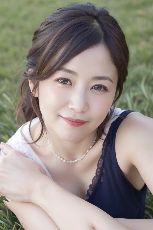 Beautiful mature 55 year old Japanese woman, Married women, Fine Lines, Long eyelashes, Shining Eyes, Low Ponytail, smile, Red lipstick, elegant, Pearl Necklace, Sexy Lingerie, ((whole body)), sunny, ((lying on the green grass)), ((Lying on your back)), (Highest quality,4K,8K,High resolution,masterpiece:1.2),Very detailed,(Realistic,photoRealistic,photo-Realistic:1.37),High resolution,超High resolution,Studio Lighting,Ultra-fine painting,Sharp focus,Physically Based Rendering,Very detailed説明,Professional,Vibrant colors,Bokeh,Portraiture
