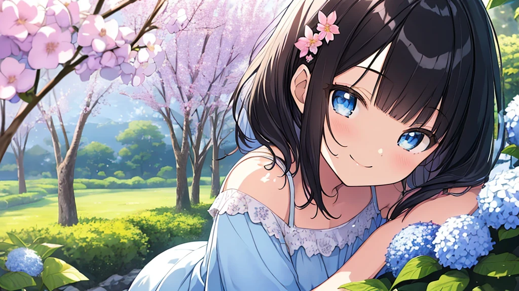 ((Masterpiece)), ((top quality)), very detailed, animated style illustration, Japanese style garden, 1girl, cute girl, solo, upper body, upper body focus, in the middle, white sundress, (beautiful eyes), beautiful black hair, short hair, flower hair ornament, blue eyes, slim, slender, (smile:1.2), Hydrangea in background, A soft and gentle anime illustration with pastel colors, featuring a -yeld giwith short black hair adorned with a small flower hair ornament and blue eyes. The artwork should have a fluffy and delicate style, capturing the youth and innocence of the girl. The pastel color scheme adds to the gentle and serene atmosphere of the illustration, emphasizing the girl's youthful and innocent appearance.