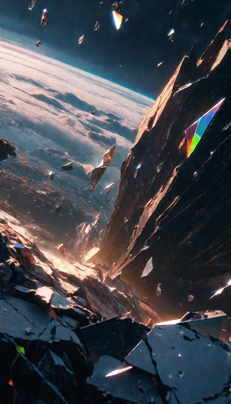 (8K, RAW photos, best quality, masterpiece: 1.4), (((The screen is full of flying glass fragments))),Ultra-high resolution, Extremely detailed,Close-up of glass, (Broken space, The space is bright:1.2), Crystal glass,dark,High-quality shadows, Natural Lighting, (White highlights:1.2), night, cloudy day, (Broken glass flying:1.2), (Fragmented space:1.2)