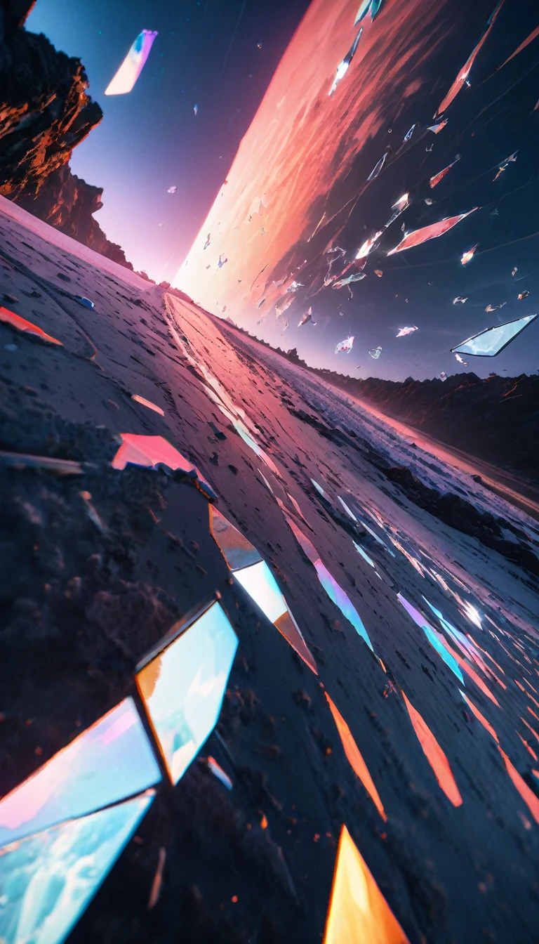 (8K, RAW photos, best quality, masterpiece: 1.4), (((The screen is full of flying glass fragments)))，Ultra-high resolution, Extremely detailed,Close-up of glass, (Broken space, The space is bright:1.2), Crystal glass,dark,High-quality shadows, Natural Lighting, (White highlights:1.2), night, cloudy day, (Broken glass flying:1.2), (Fragmented space：1.2)