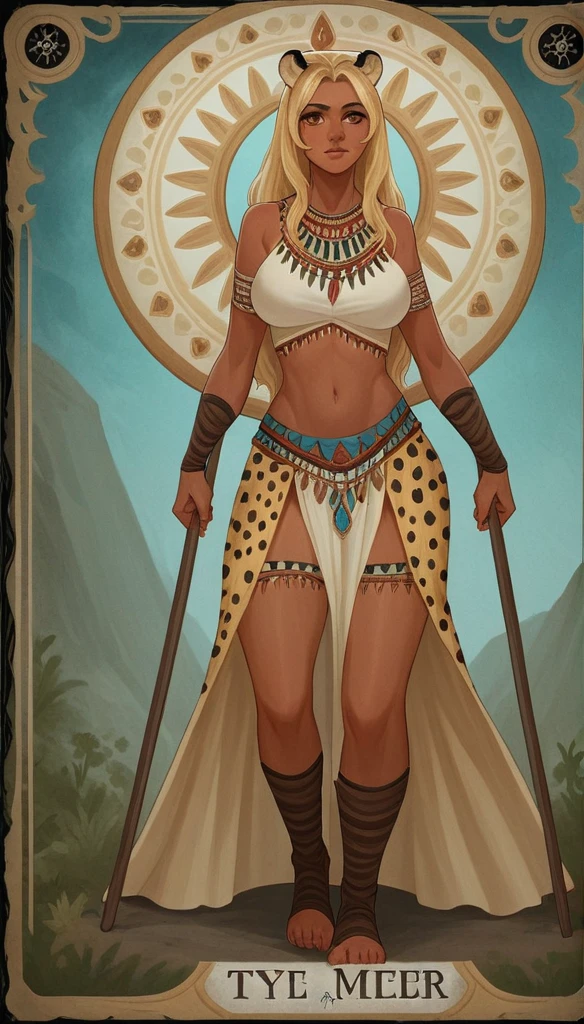 score_9, score_8_up, score_7_up, score_6_up, score_5_up, score_4_up, 
female, (cheetah:1.2), animal ears, holding spear in hand, holding shield in her other hand, long hair, dark_skin, dark_skinned_female, blonde hair, brown eyes, eyelashes, frills, tribal outfit,
Full body standing painting, (((solo))), Simple line design, ((tarot card background, symmetric beauty)), perfectly symmetrical, The art of symmetry, Standing drawings of characters, ((flatcolors)), tmasterpiecetop Qualities qualtiy