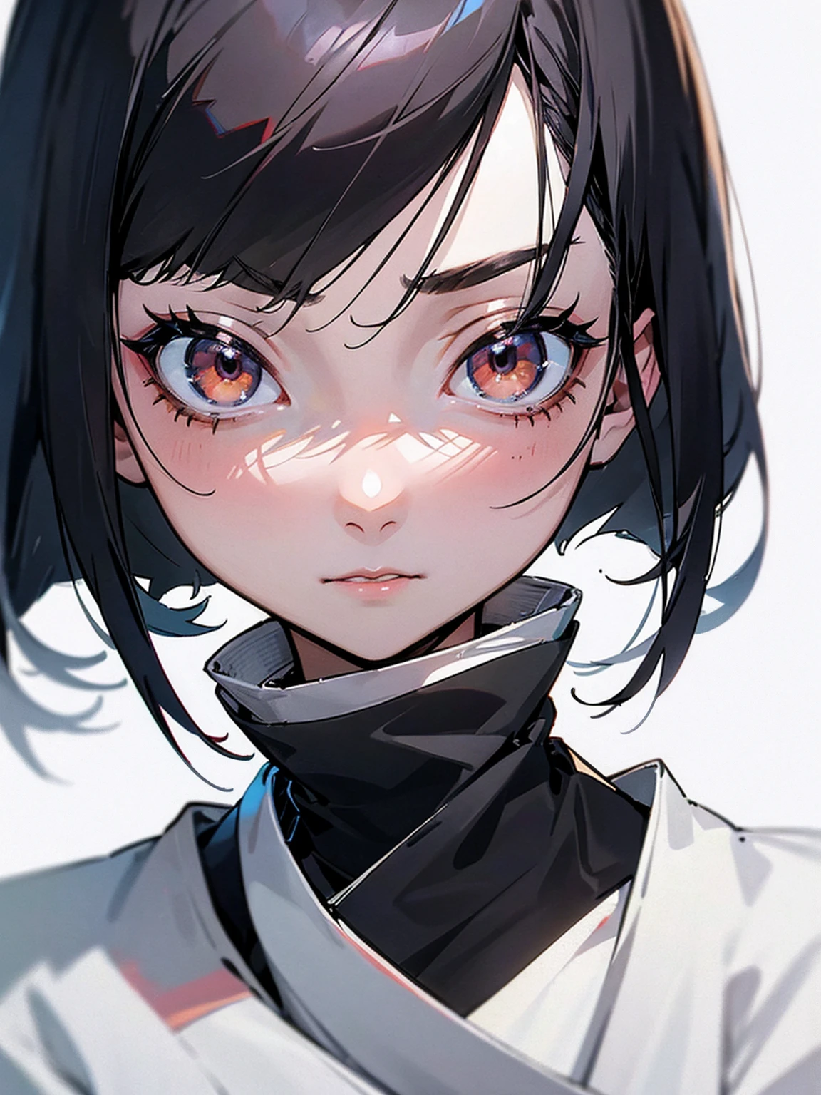 pale, black haired, japanese girl. She has a bob hairstyle. Her expression is cold, she has sharp eyes, her face is close, Hair is loose, She slightly looks down at you