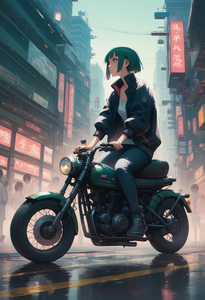 Anime girl riding a motorbike in a city with buildings in the background, Anime Style 4k yen, すごいアニメ 8K, Lostland Style, anime cyberpunk art, Sitting on a cyberpunk bike, ロストラン 8K, Ilya Kuvshinov. 4k yen, artgerm and Ilya Kuvshinov, 4k anime wallpaper, Cyberpunk anime art, Anime Style. 8K