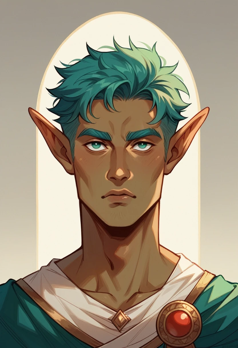 A -yeld maelf with an ectomorph build, olive skin, and short turquoise hair styled simply. His diamond-shaped face is striking, with round eyes that hold a hint of mischief. Thin lips give his features a delicate touch, while his narrow eyebrows, straight and sharp, highlight his keen, perceptive gaze. A small Greek nose fits perfectly with his refined, elegant look. Clothing of a medieval fantasy adventurer traveler