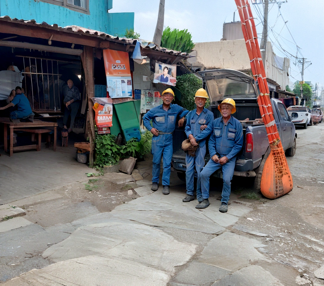 Three men in blue work clothes standing next to a truck, Workers, photo taken in 2 0 2 0, people at work, professional work, exploitable image, punishment, deep image, Local heroes, Clean image, photo taken in 2018, working hard, professional, by Milton Menasco, In Chuquicamata