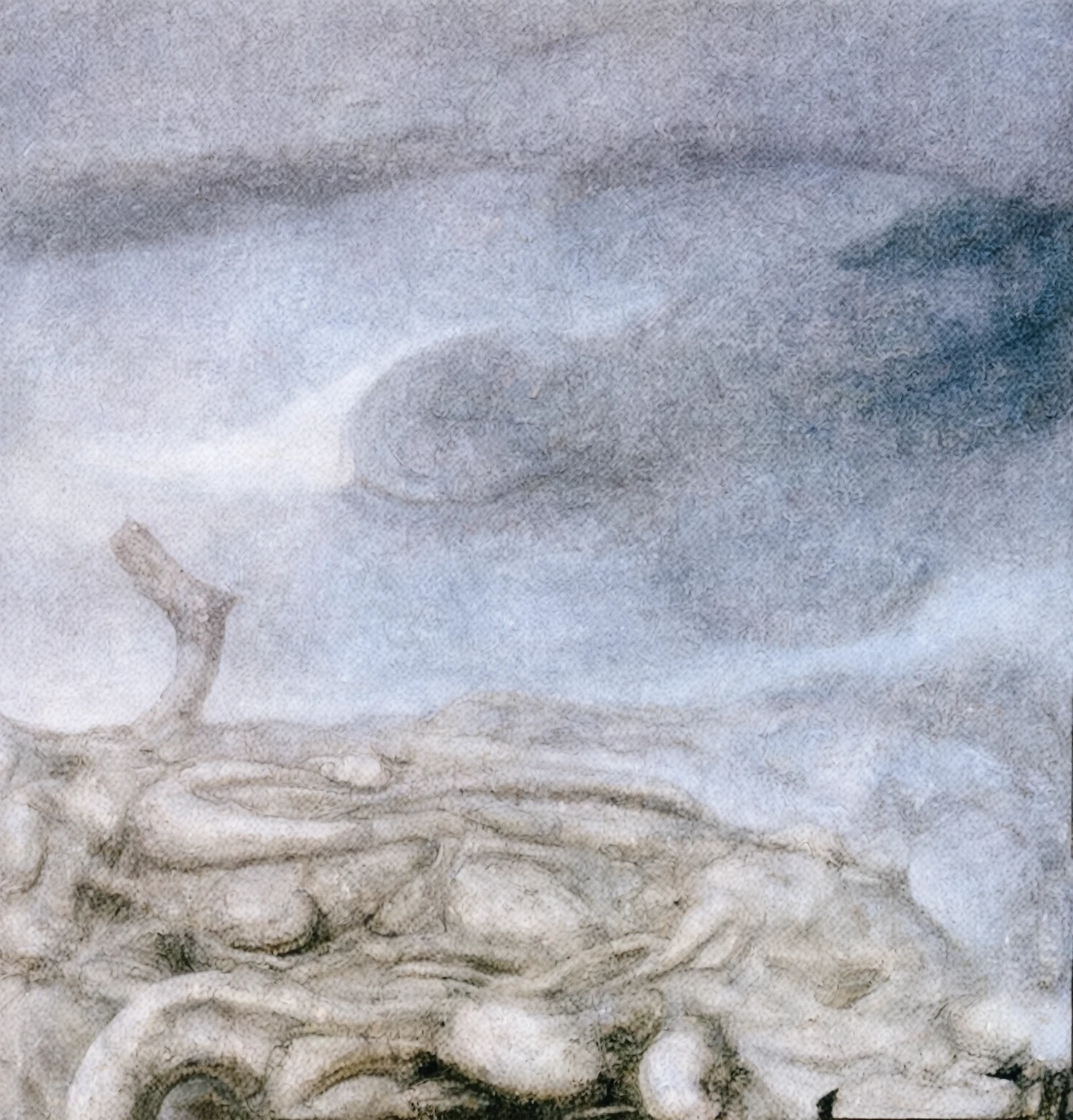 g1g3r, The image is a detailed view of H.R. Giger's biomechanical tableau \" Landscape XVI \" plate, featuring
surrealistic painting of a monster with multiple tentacles and a body that looks like a brain, surrounded by a chaotic scene of swirling clouds and other monsters.
It's a complex network of bones and organs in eldritch color scheme:a greenish-brown hue ,swirling gery and brown colors. The artwork is silverish and green brown, with an ivory bones prominently displayed. The image is highly detailed and intricate, almost like a 3d version of a medical sketchwork.
This tableau is an artwork featuring a close-up of a creature that resembles a caterpillar with a white head, surrounded by a complex network of lines and shapes.
Biomechanical landscape by Hans Rudie Giger composed of fossilized and mummified alien life forms. Image depicts a strange and eerie, combines biological and mechanical ,managed to dreamlike quality. These shapes suggest fossilized mummified alien life forms. Central mummy structures and what appears to be a spines of ivory in the foreground are the most identifiable organic elements. The mechanical elements are evident in the wires and tubes emanating from the creatures. In the background shapes are visible that could be interpreted as other fossilized or mummified alien life.
Light source from the top highlights skeletals, upper part of foreground, lower part of image is in shadow.
The piece is a tableau, most likely created with a India ink pen or pencil on paper, determined by the thin lines, shading techniques, and the texture of the paper, which is visible around the edges.
Used is pen, given the shading and variations in line weight visible in the image. Artist have used a variety of stylus with different degrees of hardness to achieve the shading effects.
The use of undersaturated green-grays dark contrasts creates a stark and graphic look. Is used a variety of linework techniques to create different textures.