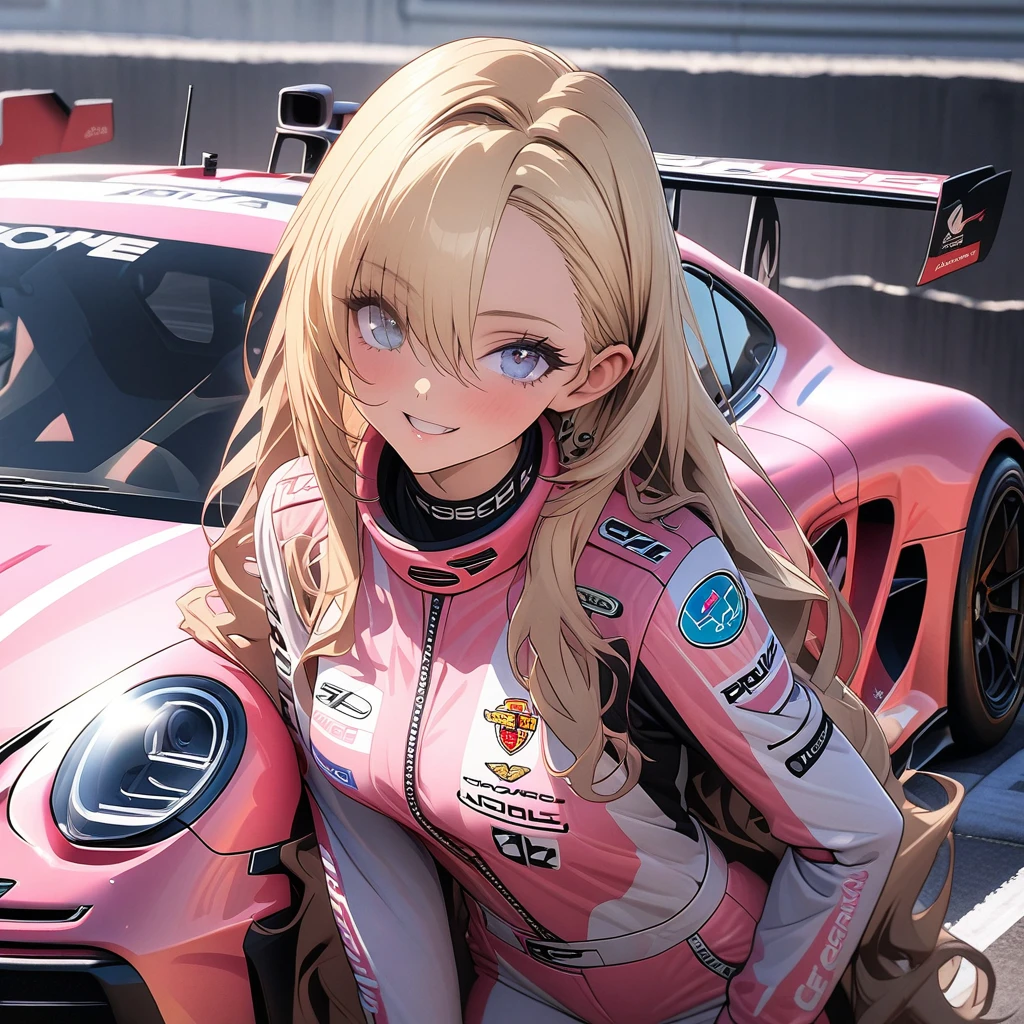 High resolution digital CG image, a beautiful futuristic girl is posing in front of a Porsche 911 ,The girl has long hair with a mixture of blonde hair and blue eye.She is wearing a pink racing suit with mecha-style decorations, and there are many sponsor logos on the suit.The pink color racing car is a Porsche 911 car ,circuit starting grid background, (holding a full face type pink helmet under her arm :1.2)、striking a cool pose next to her car.、Cybertic expression of the future, the texture of beautiful hair, the luster of skin, the beauty of eyes, the luster and texture of a racing suit, the beauty of the racing car body and mechanical expression,(master piece4k, 8k,best quality1.2)ultra detail