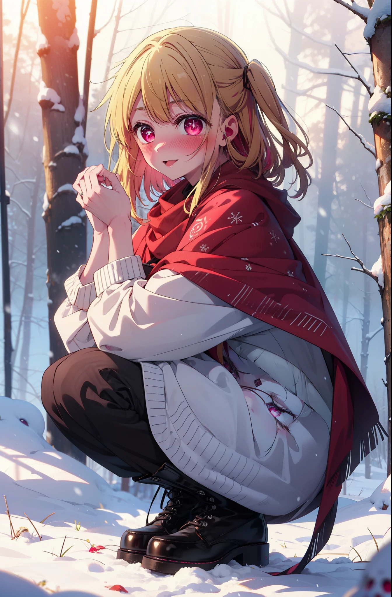 rubyhoshino, Hoshino Ruby, Long Hair, bangs, Blonde, (Pink Eyes:1.3), (Symbol-shaped pupil:1.5), Multicolored Hair, Two-tone hair, smile,blush,White Breath,
Open your mouth,snow,Ground bonfire, Outdoor, boots, snowing, From the side, wood, suitcase, Cape, Blurred, , forest, White handbag, nature, Squat, Mouth closed, Cape, winter, Written boundary depth, Black shoes, red Cape break looking at viewer, Upper Body, whole body, break Outdoor, forest, nature, break (masterpiece:1.2), Highest quality, High resolution, unity 8k wallpaper, (shape:0.8), (Beautiful and beautiful eyes:1.6), Highly detailed face, Perfect lighting, Highly detailed CG, (Perfect hands, Perfect Anatomy),