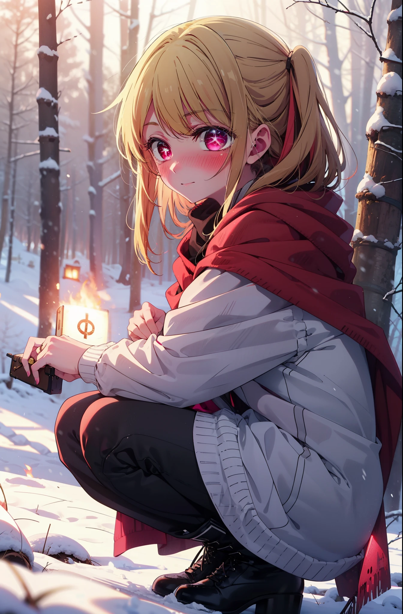 rubyhoshino, Hoshino Ruby, Long Hair, bangs, Blonde, (Pink Eyes:1.3), (Symbol-shaped pupil:1.5), Multicolored Hair, Two-tone hair, smile,blush,White Breath,
Open your mouth,snow,Ground bonfire, Outdoor, boots, snowing, From the side, wood, suitcase, Cape, Blurred, , forest, White handbag, nature, Squat, Mouth closed, Cape, winter, Written boundary depth, Black shoes, red Cape break looking at viewer, Upper Body, whole body, break Outdoor, forest, nature, break (masterpiece:1.2), Highest quality, High resolution, unity 8k wallpaper, (shape:0.8), (Beautiful and beautiful eyes:1.6), Highly detailed face, Perfect lighting, Highly detailed CG, (Perfect hands, Perfect Anatomy),