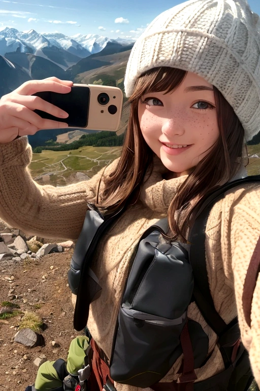 masterpiece, 8K, 4K, wallpaper, ultra detail, 1girl, Brown Hair, Mountaineering, Selfie, Knitted hat, spring, freckles, smile, Big backpack, stock, Mountaineering服, mountains, Valley