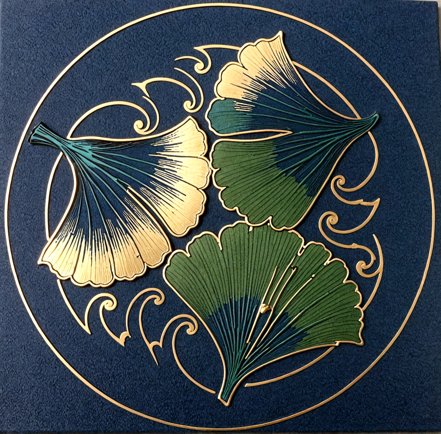 kamon,an indigo-green circle with a leaf pattern in the middle showing 3 gingko leaves growing towards each other with Japanese finger waves reaching into the gaps, inspired by Masamitsu Ōta, inspired by Katsushika Ōi, intricate art deco leaf designs, inspired by Shūbun Tenshō, inspiriert von Ogata Kōrin, inspired by Ogata Gekkō, inspired by Sakai Hōitsu