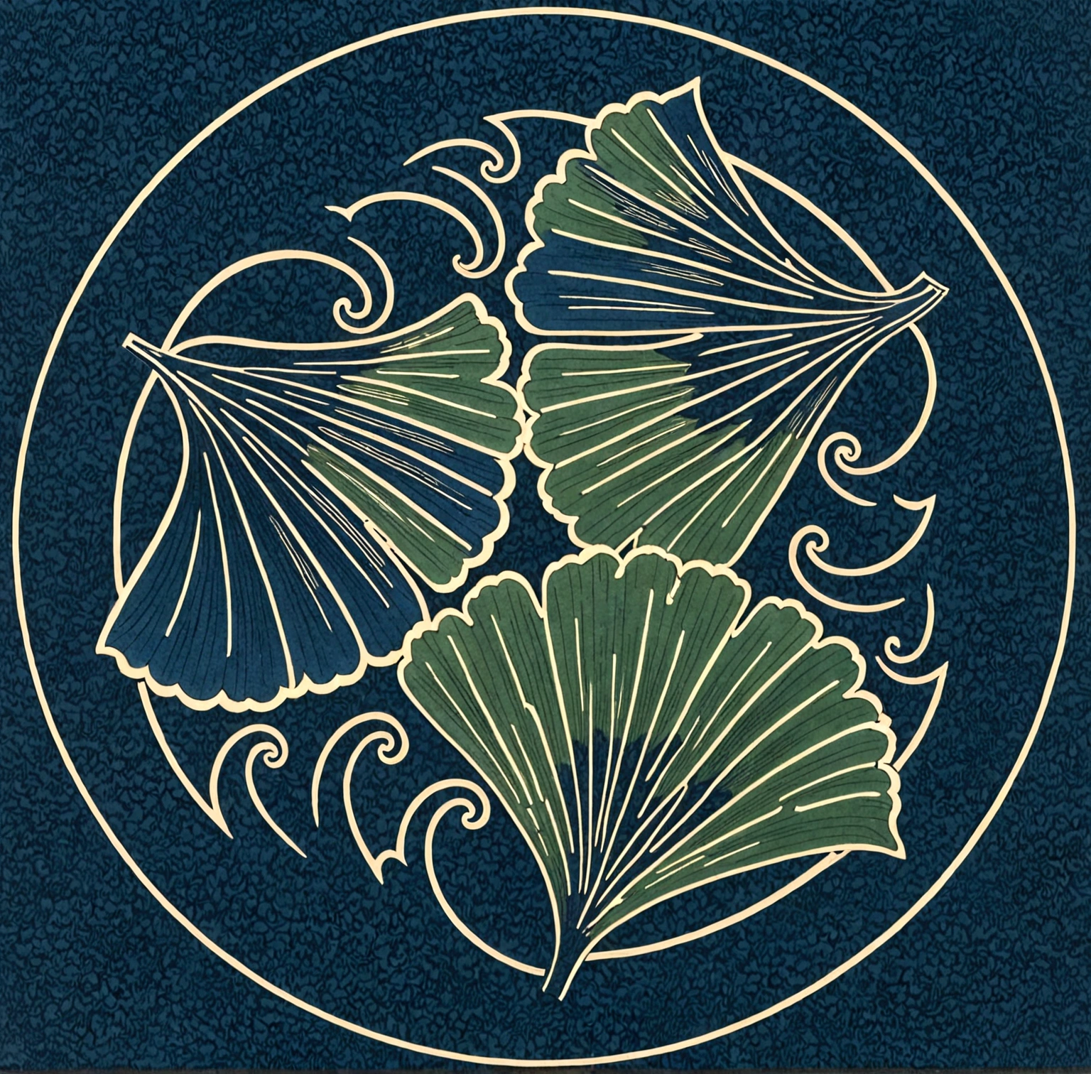 kamon,an indigo-green circle with a leaf pattern in the middle showing 3 gingko leaves growing towards each other with Japanese finger waves reaching into the gaps, inspired by Masamitsu Ōta, inspired by Katsushika Ōi, intricate art deco leaf designs, inspired by Shūbun Tenshō, inspiriert von Ogata Kōrin, inspired by Ogata Gekkō, inspired by Sakai Hōitsu