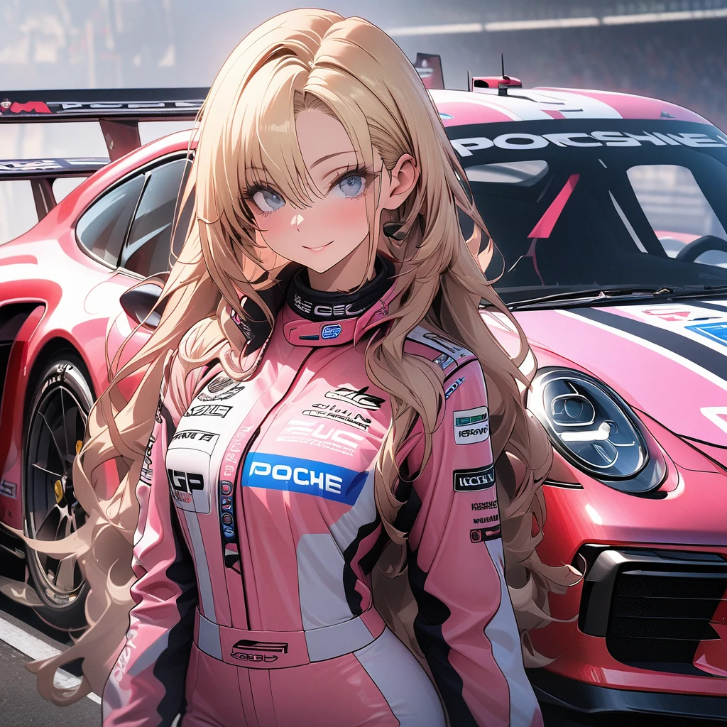 High resolution digital CG image, a beautiful futuristic girl is posing in front of a Porsche 911 ,The girl has long hair with a mixture of blonde hair and blue eye.She is wearing a pink racing suit with mecha-style decorations, and there are many sponsor logos on the suit.The pink color racing car is a Porsche 911 car ,circuit starting grid background, (holding a full face type pink helmet under her arm :1.2)、striking a cool pose next to her car.、Cybertic expression of the future, the texture of beautiful hair, the luster of skin, the beauty of eyes, the luster and texture of a racing suit, the beauty of the racing car body and mechanical expression,(master piece4k, 8k,best quality1.2)ultra detail