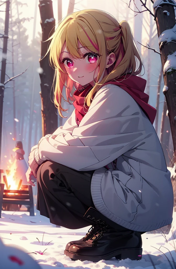 rubyhoshino, Hoshino Ruby, Long Hair, bangs, Blonde, (Pink Eyes:1.3), (Symbol-shaped pupil:1.5), Multicolored Hair, Two-tone hair, smile,blush,White Breath,
Open your mouth,snow,Ground bonfire, Outdoor, boots, snowing, From the side, wood, suitcase, Cape, Blurred, , forest, White handbag, nature,  Squat, Mouth closed, Cape, winter, Written boundary depth, Black shoes, red Cape break looking at viewer, Upper Body, whole body, break Outdoor, forest, nature, break (masterpiece:1.2), Highest quality, High resolution, unity 8k wallpaper, (shape:0.8), (Beautiful and beautiful eyes:1.6), Highly detailed face, Perfect lighting, Highly detailed CG, (Perfect hands, Perfect Anatomy),