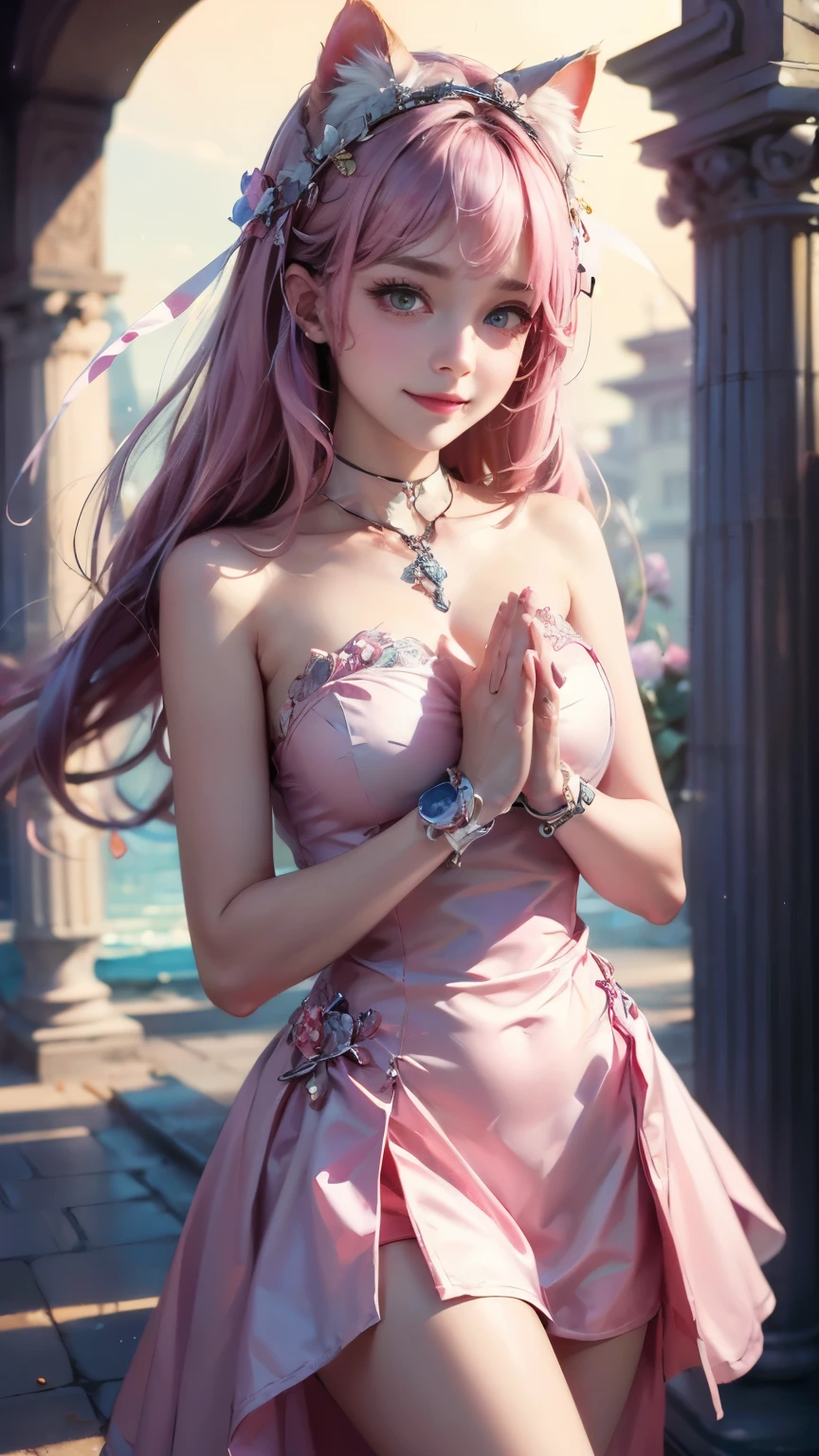 ((Highest quality)), ((masterpiece)), (detailed), 8k, High Resolution,One girl, Pink Hair, Perfect Eyes, Goddess of Athena, I'm praying, Hands together, (Be confident:1.3), (Facing forward:1.2), Hydrangea on background, smile, Pink Dress, Cat ear, Angel's wing, 
