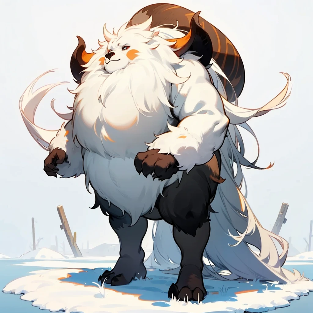 1character, Full body version, ankole watusi mixed with bear, black eyes, very fat belly, very thick fur, very long hair, white hair, no eyes, Grassroots in snow, In the morning